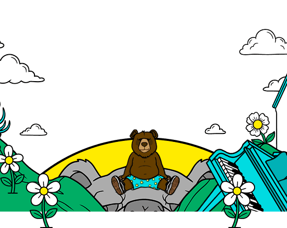 Backgroung - Urso sentado em um sol, com montanhas, casas e pianos na cor ciano e branco