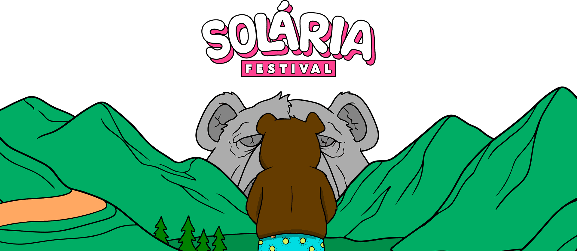 Backgroung - Urso sentado em um sol, com montanhas, casas e pianos na cor ciano e branco